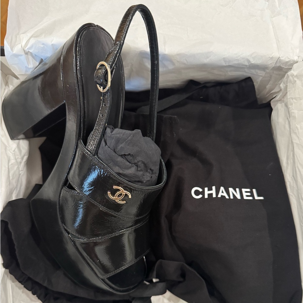 COPY - Chanel Crumpled Patent Lambskin Platform Sandals 41 Black